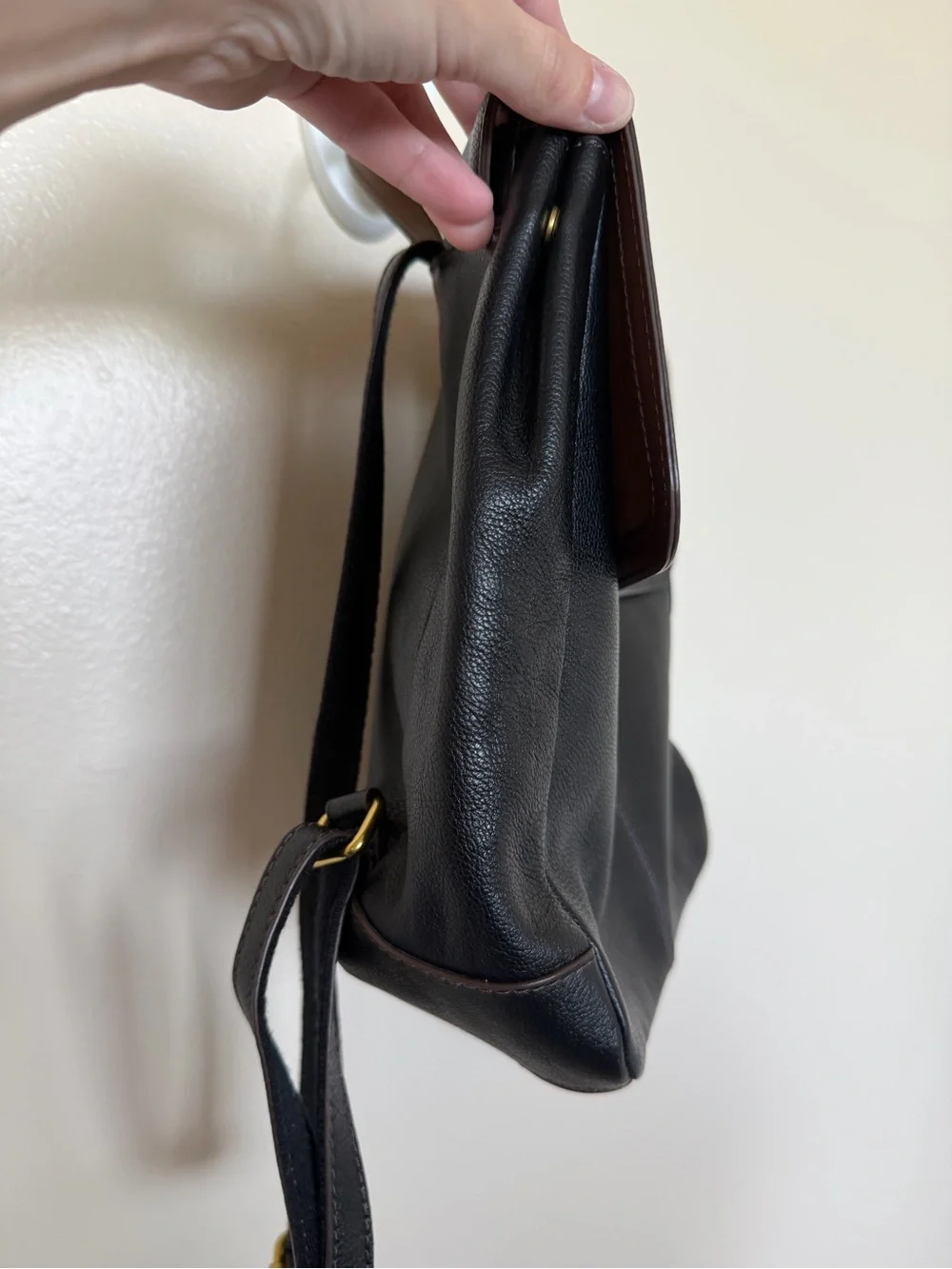 FOSSIL Black Pebbled Leather Backpack with Brown Trim